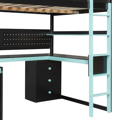 FUvellamo Full Size Gaming Loft Bed with Desk, Wood Gaming Loft Bed Frame with Storage Stairs, Drawers, Shelves & Pegboard, Esports Gaming Loft Bed for Kids, Teens, Adults, Black+Blue FUvellamo