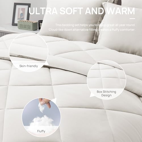Love's cabin Twin Comforter Set Off White, 5 Pieces Twin Bed in a Bag, All Season Bedding Sets with 1 Comforter, 1 Flat Sheet, 1 Fitted Sheet, 1 Pillowcase and 1 Pillow Sham Love's cabin