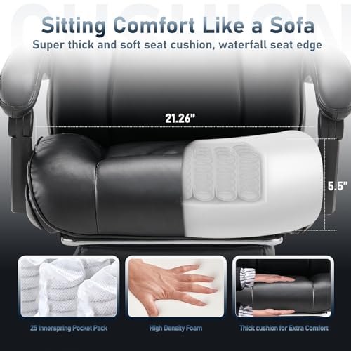 COLAMY Office Chair with Retractable Footrest, Ergonomic High Back Design Executive Computer Desk Chair with Removable Lumbar Pillow, 90-135°Reclining, Thick Bonded Leather for Home Office Work, Black COLAMY