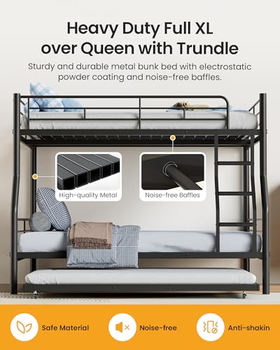 Mixcous Full XL Over Queen Bunk Bed with Trundle, Heavy-Duty Metal Bunk Bed w/Full-Length Guardrail & EVA Padded Ladder, Convertible to 3 Separate Beds for Adults, Teens, Noise-Free, Black Mixcous