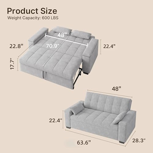 Gizoon Convertible Sofa Bed Futon, 70.9'' Sleeper Loveseat with Pull Out Couch, 3 in 1 Plush Fleece Fabric Futon Couch with Side Pockets, Storage Armrest & Adjustable Backrest for Living Room, Grey Gizoon
