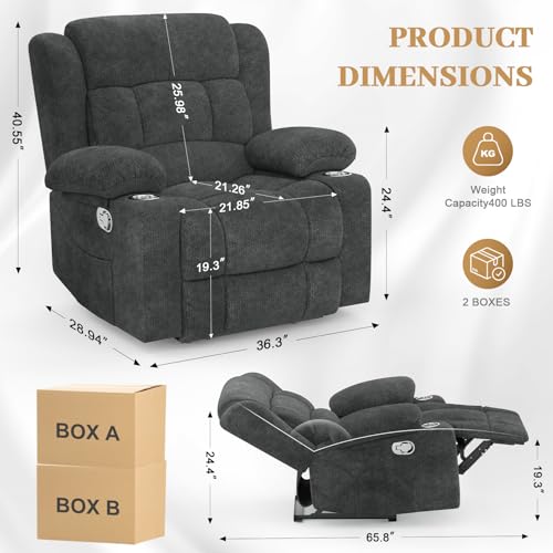 MOSGAT RV Recliner Chair, Oversized Reclining Loveseat Home Theater Seating with Cup Holders, Insert Pockets, Wall Hugger RV Recliners for Movie Room, Recline Movie Seats Gaming Sofa, Gray