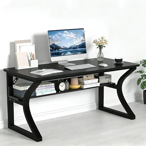 NovolyDJZ Computer Desk, 55'' Computer Desk Home Office Desks w/Storage Shelves & U Shaped Metal Frame, Study Writing Desk w/Cable Management, Deeper & Thicker Desktop Table for Home Office NovolyDJZ