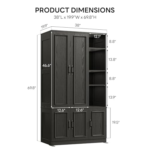 LIKIMIO Armoire Wardrobe Closet 70" H, 5 Doors Bedroom Wooden Wardrobe with 4 Storage Shelves and Hanging Rod, Clothing Storage Cabinet Organizer Combination, Black LIKIMIO