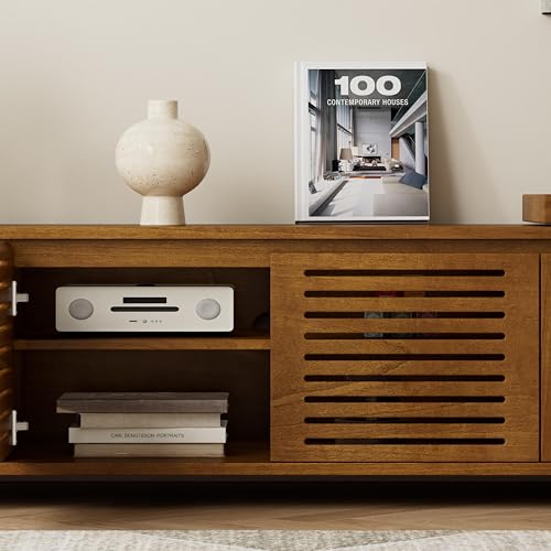 LUMISOL Extendable TV Stand for Living Room, Media Extendable Console TV Table for TVs up to 75” Farmhouse Entertainment Cabinet with Doors and Adjustable Shelves, Brown Ebony LUMISOL