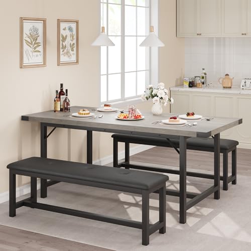 SLEKVERSA 3-Piece Dining Table Set for 4-6 People, Extendable Kitchen Table Set with 2 Upholstered Benches, Dining Room Table Set for Apartment, Kitchen, Living Room, Gray SLEKVERSA
