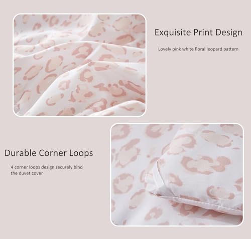MKXI Luxury Comforter Set Leopard Print King Size Comforter Set Animal Cheetah Pattern Pink White Floral Bed Comforter Cute Leopard Aesthetic Comforter Bedding Set for All Season MKXI