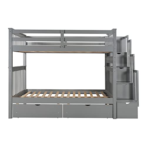 MERITLINE Solid Wood Bunk Bed with Staircase Storage, Full Over Full Bunk Bed with Drawers for Kids, Teens & Adults, Space Saving Design (Gray) MERITLINE