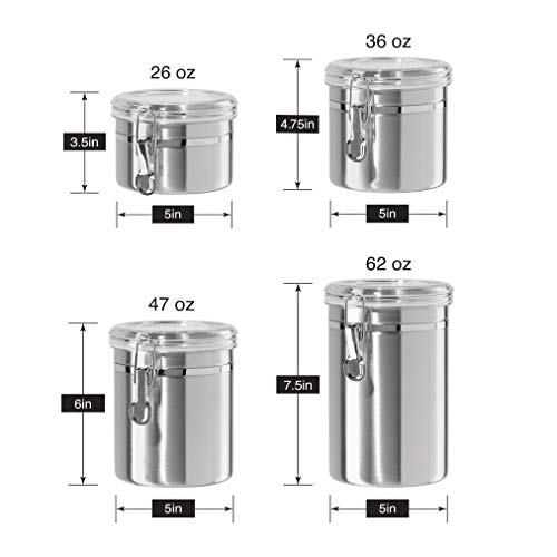 Oggi Set of 4 Stainless Steel Kitchen Canisters - Airtight Clamp Lid, Clear See-Thru Top - Ideal for Kitchen Storage, Food Storage, Pantry Storage - Includes 1 each: 26oz, 36oz, 47oz, 62oz. Oggi