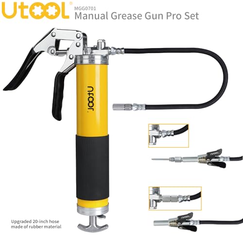 UTOOL Grease Gun, 8000 PSI Heavy Duty Pistol Grip Grease Gun Kit, 14 oz Capacity, 20 Inch Rubber Flex Hose, 1 Patented Double Handle Coupler, 1 Basic Coupler, 1 Needle Nozzle, 1 Hose Swivel, Yellow UTOOL