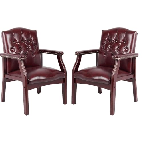 Oakestry Ivy League Set of 2 Executive Guest Chair in Burgundy Vinyl Wood Frame Office Visitor Dual Chair with Mahogany Finish Comfortable Reception Seating for Office or Waiting Room Oakestry