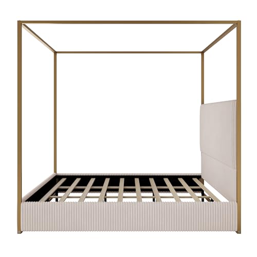 Merax Modern Luxury King Metal Canopy Bed with Tall Upholstered Headboard, Gold Four Poster Bed, No Box Spring Needed, Beige
