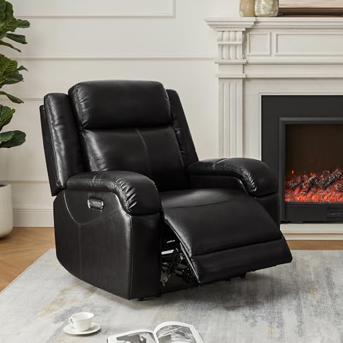 Watson & Whitely Genuine Leather Power Recliner Chairs for Adults, Wall Hugger RV Recliner with Power Headrest & Charging Ports, Electric Recliner Sofa Chair for Living Room, Black
