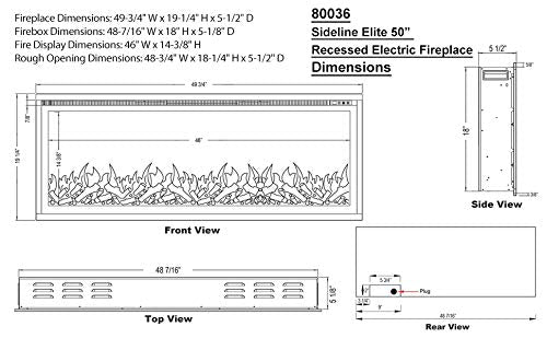 Touchstone Sideline Elite Smart 50” WiFi-Enabled Electric Fireplace - in-Wall Recessed - 60 Color Combinations - 1500/750 Watt Heater (68-88°F Thermostat) - Black - Log, Crystals & Driftwood - 80036 Touchstone