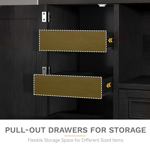 DWVO Kitchen Pantry Storage Cabinet, 64" H Kitchen Hutch Cabinet with Power Outlet, Sliding Racks with Door, Drawers with Doors and 3-Tier External Shelves for Living Room, Dining Area (Black) DWVO