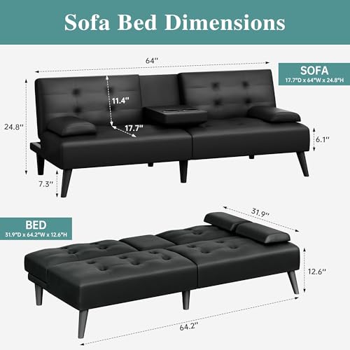Meilocar 64" Futon Sofa Bed, Small Loveseat with 2 Cup Holders, Small Couch with 3 Adjustable Angles & Removable Armrest, Modern Sleeper Sofa for Apartment, Office (PU Leather, Black) Meilocar