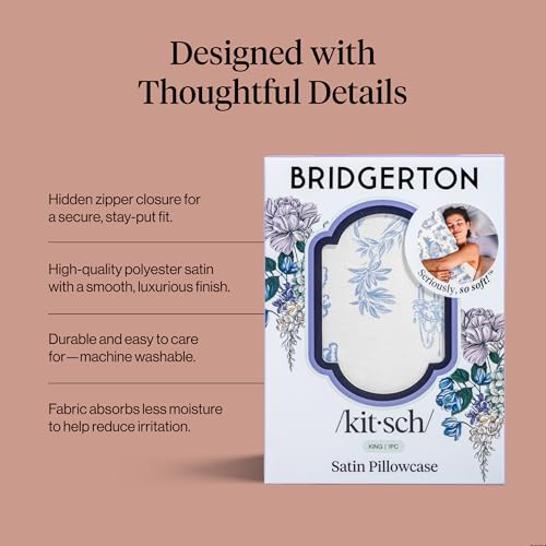 Bridgerton x Kitsch Satin Pillowcase with Zipper for Hair & Skin - Softer Than Silk Pillow Cases, Cooling Satin Pillow Case, Wrinkle-Free - King Size Satin Pillow Case (19x36) - Garden Toile Kitsch