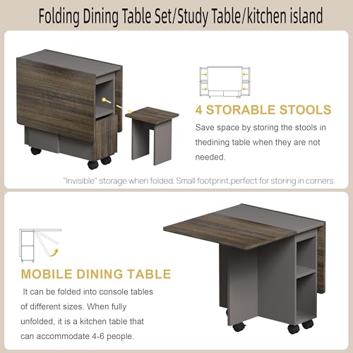 5 Pieces Folding Dining Table Set for 4-6 People,55 Inch Folding Dinner Table with 4 Chairs -Space-Saving Kitchen Dining Set with 6 wheels and 2-Layer Storage Shelf for Dining Room Small Apartment SYMCAVE
