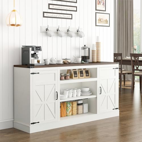 Hlivelood 66" Farmhouse TV Stand with Power Outlets for 75 65 Inch TVs, 33" Tall Entertainment Center with Storage Cabinets w/Adjustable Shelves, Rustic Large TV Media Console for Living Room, White Hlivelood