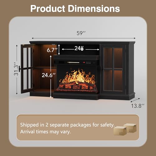 YESHOMY Glass Fireplace TV Stand for Televisions up to 65", Media Entertainment Center Console Table with Led Lights, Black YESHOMY