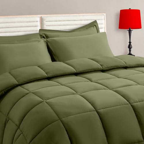 TAIMIT Olive Green Twin Size Comforter Set - 5 Pieces, Bed in a Bag Bedding Sets with All Season Soft Quilted Warm Fluffy Reversible Comforter,Flat Sheet,Fitted Sheet,1 Pillow Shams,1 Pillowcases TAIMIT
