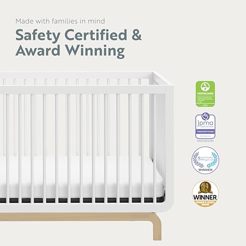 Storkcraft Santorini Deluxe 5-in-1 Convertible Crib with Bonus Toddler Guardrail (White with Driftwood) – GREENGUARD Gold Certified, Toddler Guardrail Included in Box, Fits Standard Crib Mattress Storkcraft