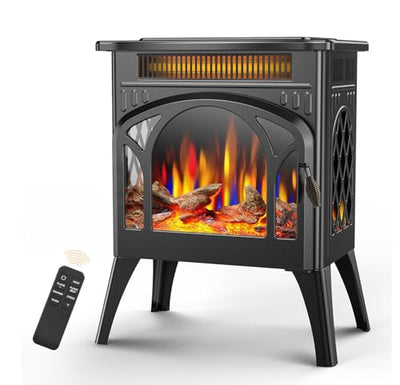 Electric Fireplace Stove, Fast Heating, 1500W X Infrared Fireplace Heater with 8H Timer, Remote Control, Freestanding Stove with Adjustable 3D Flame Overheat Protection, Indoor Fireplace