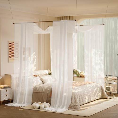 lazyzzz White Canopy Bed Curtains with Light Princess Bed Canopy Scarf for Full/Queen Metal Bed Frame,Wood Frame Bed-2 Panel Sheer Curtain lazyzzz