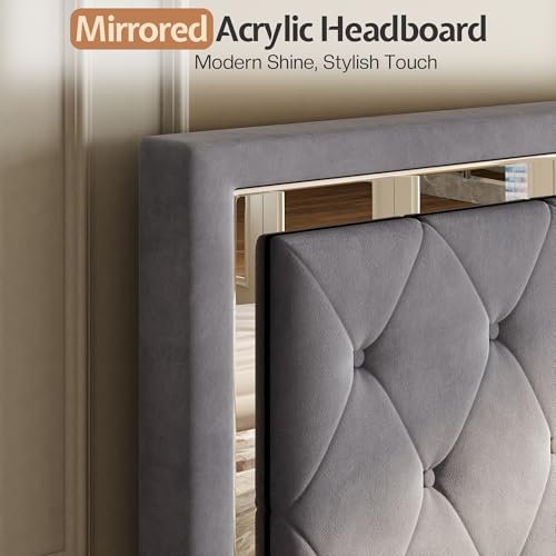 Jocisland Full Bed Frame with LED Lights Headboard&Footboard, Velvet Upholstered Full Size Platform Bed Frame No Box Spring Needed/Light Grey Jocisland