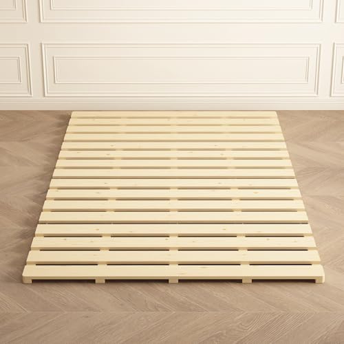 LOBOTOU Queen Size Foldable Wood Bed Slats, Breathable Wooden Mattress Support Base, Japanese Tatami Floor Bed Frame for Guest Bedroom, Easy to Store (Queen (U.S. Standard)) LOBOTOU