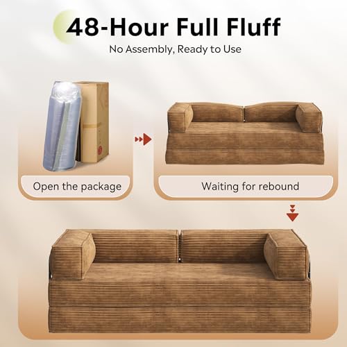 WLIVE 87'' Futon Sofa Bed, Convertible Sleeper Sofa, Folding Pull Out Couch Boneless Mattress with Fixed Frame, Corduroy, with Storage Pocket, Brown WLIVE