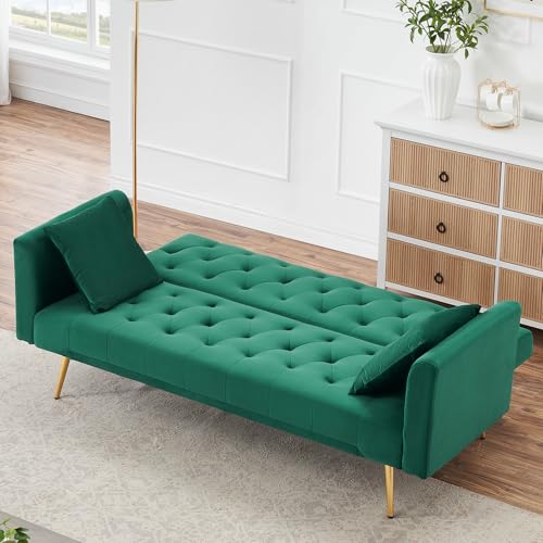 71" Modern Velvet Sofa Bed Futon, Convertible Sleeper Couch with Adjustable Backrest, Tufted Recliner Loveseat with Golden Chrome Legs & 2 Pillows for Small Spaces, Living Room, Apartment (Green) Generic
