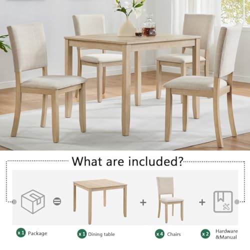 JIJIWANG Modern 4 Person Dining Table Set with 4 Chairs, Dining Table Set for 4 People, 5-Piece Wooden Dining Table Sets for Living Room, Kitchen and Dining Room, Liaght Oak + Beige JIJIWANG