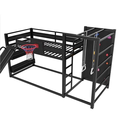 Bellemave Twin Size Bunk Bed with Basketball Hoop, Pull-up Rings and Climbing Wall, Twin Bunk Bed with Slide and Bookcase, Heavy Duty Bunk Beds with Guardrail, Black Bellemave