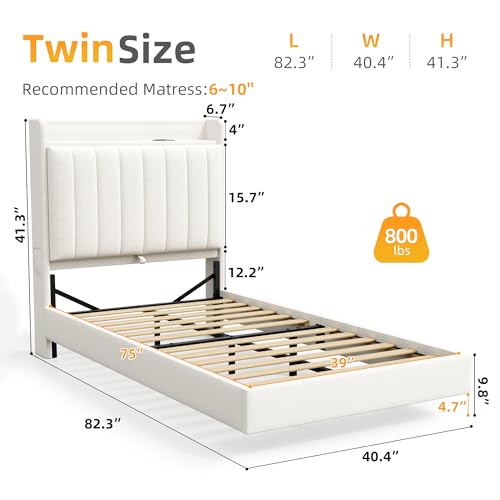 Twin Size Floating Bed Frame with Ergonomic Hidden Storage Headboard and LED Light,Visual Floating LED Bed Frame with Charing Station,Velvet Upholstered Platform Bed for Kid/Boy/Girl,Heavy Duty,White Jocoevol