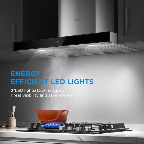 Midea MVT30W9AST Range 30 Inch 450CFM Vent T Shape Stove Hood with 5-Layer Aluminum Permanent Filters Kitchen, Ductless Convertible, 3 Speed Exhaust Fan, Stainless Steel Midea