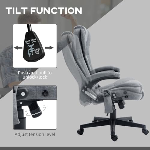 Vinsetto 6 Point Vibrating Massage Office Chair with Heat, Linen High Back Executive Office Chair with Reclining Backrest, Padded Armrests and Remote, Gray HOMCOM