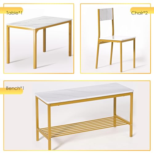 soges 4 Person Dining Table Set,43.3 inch Kitchen Table Set for 4,2 Chairs with Backrest,2-Person Bench with Storage Rack,Nesting Furniture Set for Dining Room and Restaurant, White Gold soges