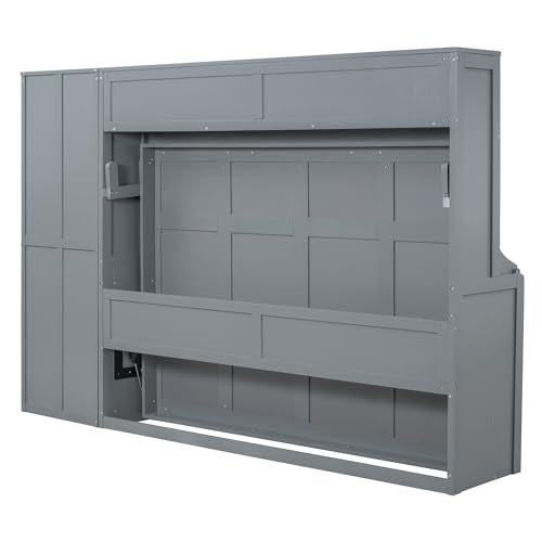 Ball & Cast Murphy Bed Queen Size Wall Beds with Closet and Storage Drawers,Wood Hideaway Platform Bedframe w/Lock,can be Folded,Easy Assembly,for Kids Bedroom,Student Dorms,Gray Ball & Cast