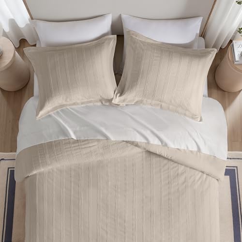 Madison Park Essentials Striped Duvet Cover Set Queen, Modern Minimalist Bedding Set with Premium Jacquard Stripe, 3 Pieces Duvet Cover Reversible with Zipper Closure & Corner Ties,Neutral Madison Park Essentials