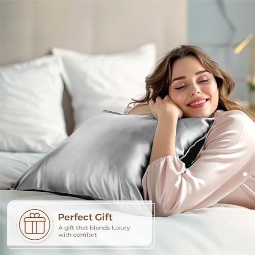 Pure Bedding Satin Pillowcase 2 Pack - Queen Size (20"x30", Grey) - Silky Pillow Cases for Hair and Skin - Satin Pillow Covers with Envelope Closure - Extra Soft Premium Microfiber Pure Bedding