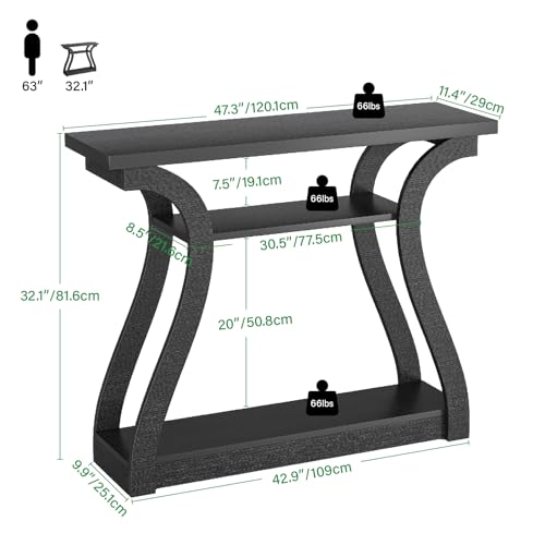 UODERS Wooden Console Table with Curved Legs and Shelf, 3-Tier Modern Accent Narrow Sofa Table for Entrance Area, Living Room, Hallway, 47 in Wide Wood Console Table for Entryway (Black) UODERS