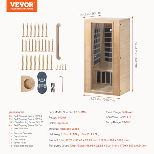 VEVOR 1 to 2 Person Far Infrared Wooden Sauna, Room Home Sauna Spa, Low EMF Far Infrared Hemlock Wood Sauna with Tempered Glass Door & Multicolor Lamp & Bluetooth Speakers & Chromotherapy Lights VEVOR