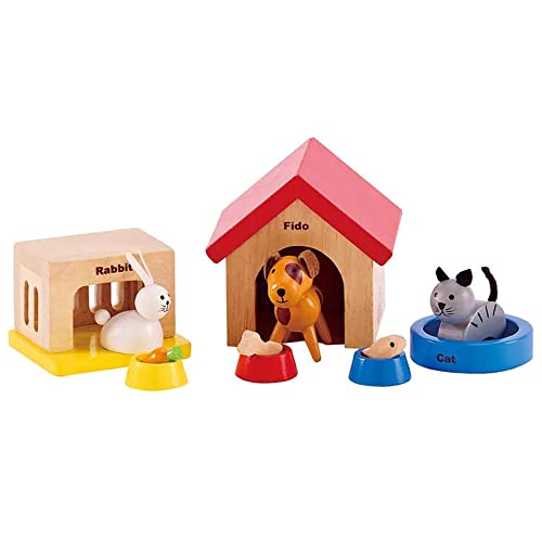 Family Pets Wooden Dollhouse Animal Set by Hape | Complete Your Wooden Dolls House with Happy Dog, Cat, Bunny Pet Set with Complimentary Houses and Food Bowls Hape