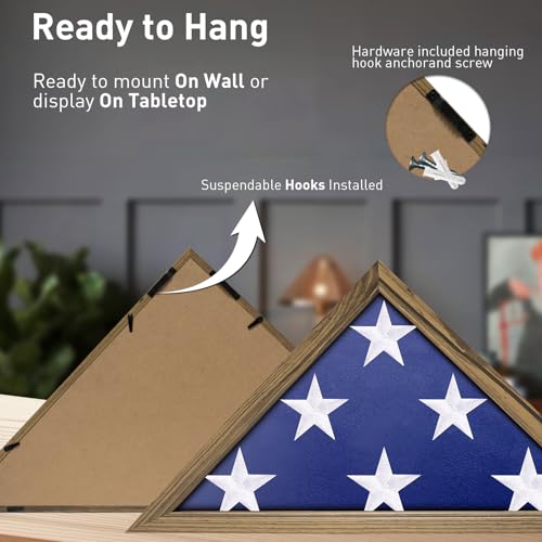 ASmileIndeep Flag Display Case for 5' x 9.5' Burial Flag, Solid Wood Burial Flag Shadow Box with HD Tempered Glass and Wall Mount,Flag Case for ASmileIndeep