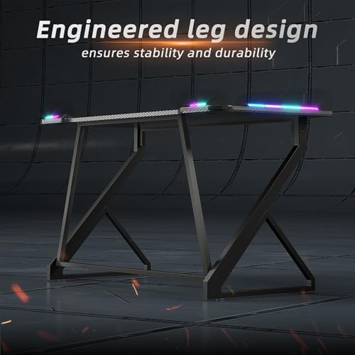 TIQLAB Gaming Desk with LED Lights, 47 Inch Computer Desk for Home Small Space, Gaming Table with Carbon Fiber Surface, PC Gamer Desk for Kids Boys Men, Black TIQLAB