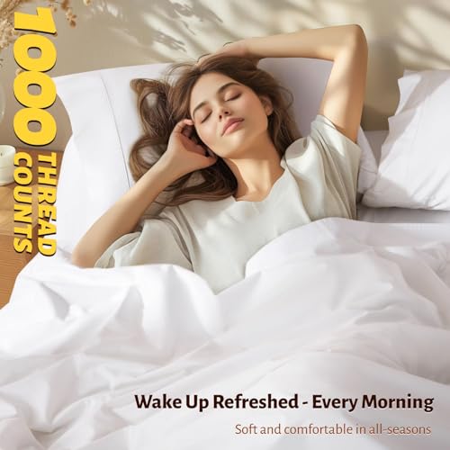 Shilucheng 100% Egyptian Cotton King Size Sheets Set - 1000 Thread Count,Luxury Cotton Bed Sheets,Breathable & Cooling Bedding and Pillow Cases, 16 Inch Deep Pocket - 4 Piece (White, King)