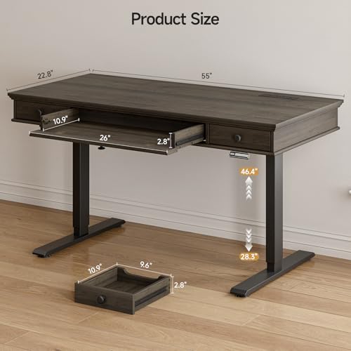 ONBRILL Standing Desk with Drawers, 55 x 23 Inch Electric Height Adjustable Desk with Storage & Outlets, for Computer Workstation, Home Office, Retro Curved Table Corner Design, Dark Walnut ONBRILL