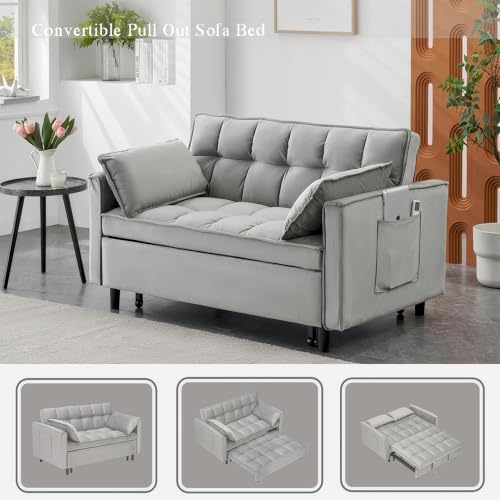 Anwick Modern Sleeper Sofa Bed,3-in-1 Convertible Pull Out Couch Bed Futon Sofa w/Reclining Adjustable Backrests,Pillows,55''Velvet Loveseat Sofa for Compact Home Bedroom Office (Grey, 55'') Anwick