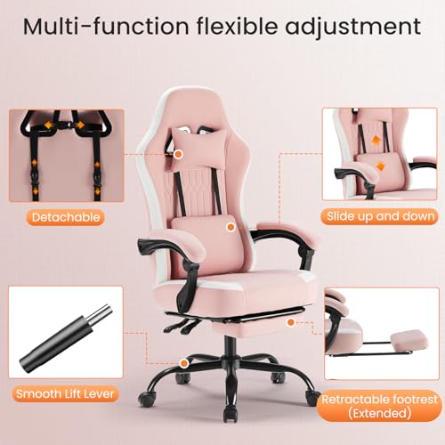 Sweetcrispy Computer Gaming Chair - High Back Ergonomic Desk Chair with Footrest and Lumbar Support, Height Adjustable Task Chair with Linkage Armrests and Headrest, 360° Swivel Wheels, Pink Sweetcrispy